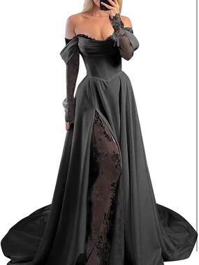 Off-Shoulder Black Evening Gown with Lace Sleeve Detail